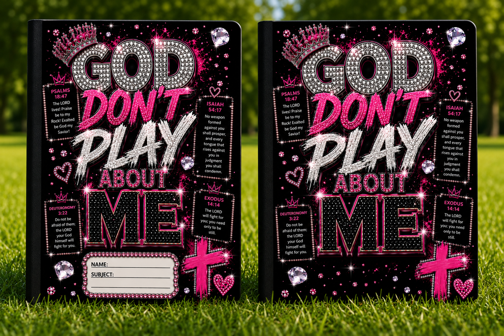God Don't Play About Me Christian Composition Notebook | Faux Bling Faith Journal | Laminated Wide Ruled Notebook