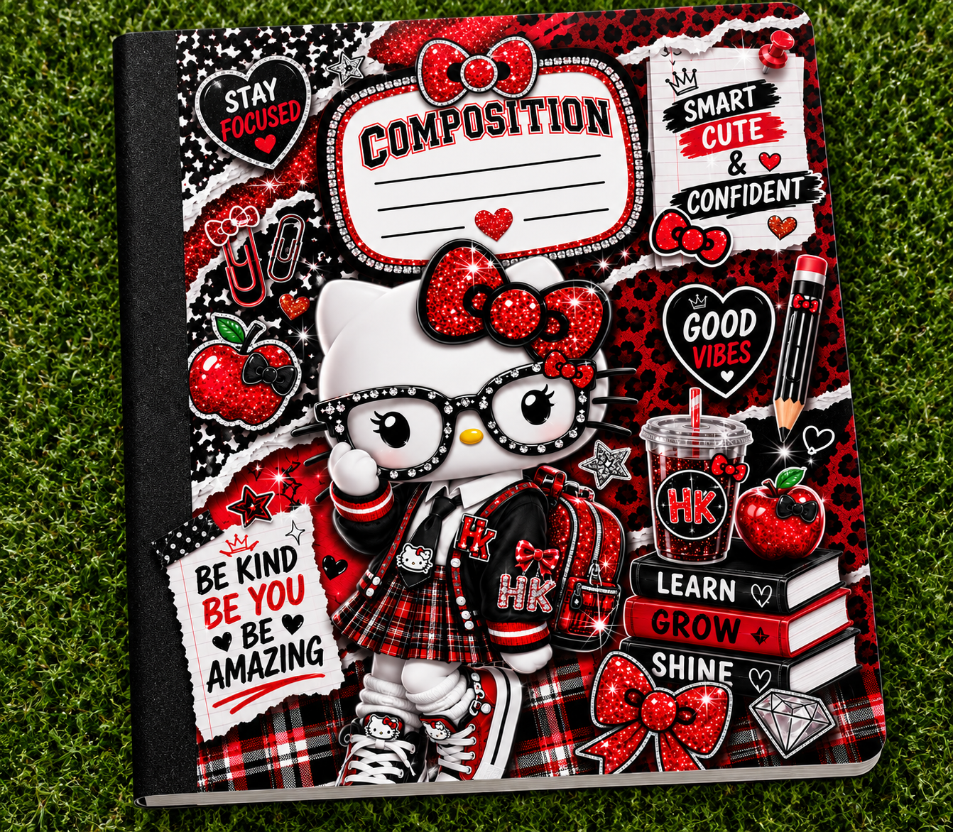 Red & Black Cute Kitty Inspired Composition Notebook | Faux Bling College Ruled Notebook | Kawaii School Supplies