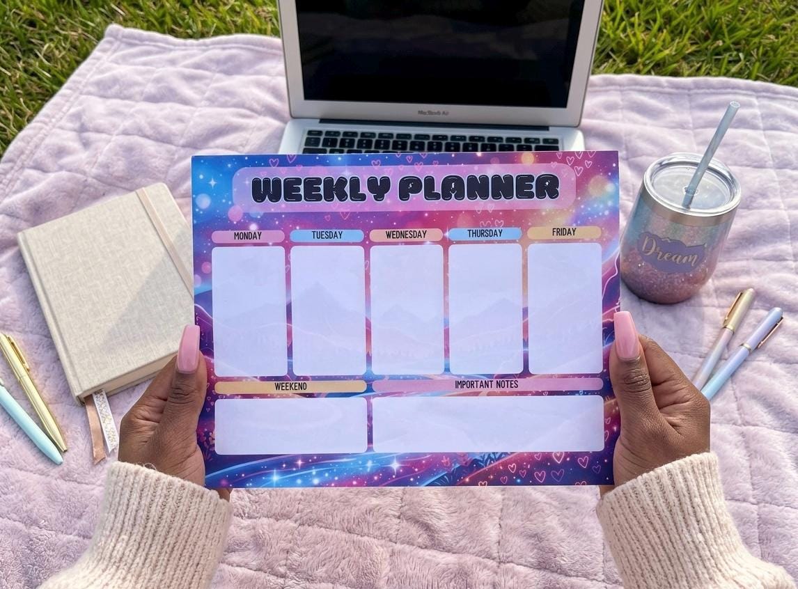 Pastel Weekly Planner Notepad | Landscape Desk Organizer | 30 Sheets, Handmade Productivity Pad